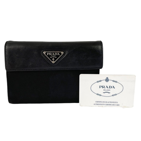 Prada Handbags - Prada black Tessuto nylon nappa leather trifold wallet vintage